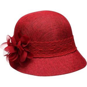WOMEN'S GATSBY LINEN CLOCHE HAT WITH LACE BAND AND FLOWER, RED, ONE SIZE